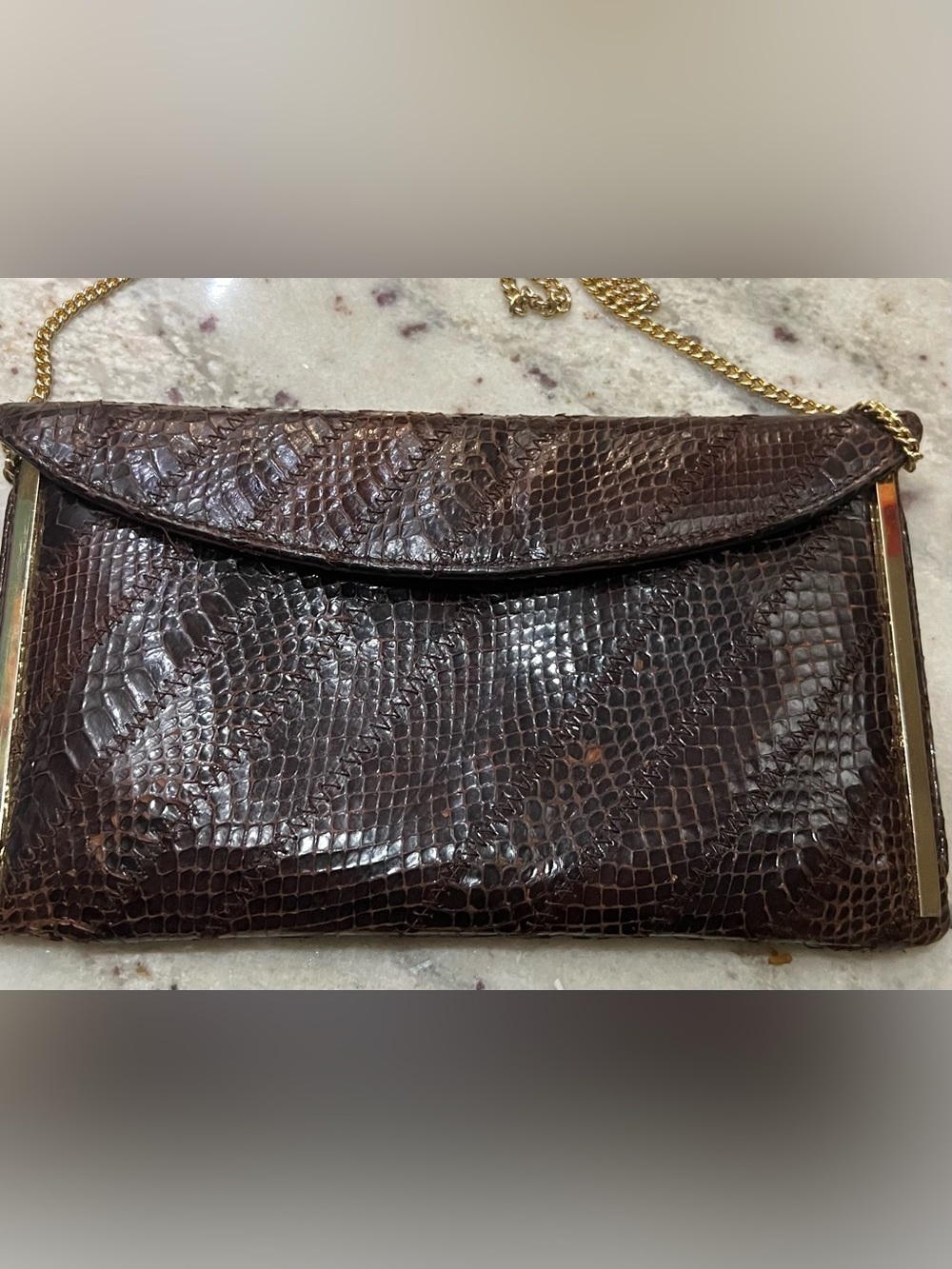 Susan Gail Leather Brown Snakeskin Snake Purse Clutch Handbag Bag Vtg Gold Chain